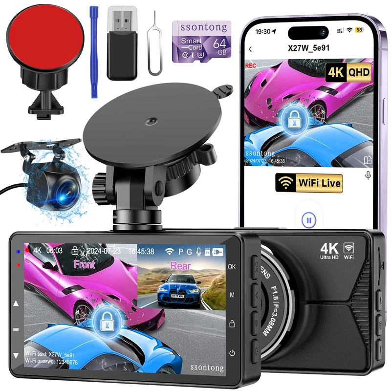 Dash Cam Front and Rear, 4K Dash Cam WiFi/APP Control Dashcam W/ 64GB Card Car Camera Dash Cams DVR Dashboard Dash Camera for Cars W/Loop Recording G-sensor Time-Lapse Parking Mode, USB Powered