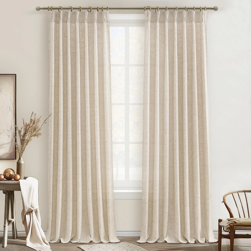 Textured Drop Cloth Curtains 102 Inches Long 2 Panels Oatmeal Cream, Light Filtering Privacy Sheer Curtains That Let Light In Country Linen Blend Pleat Memory Shape Curtain with Hooks Bedroom Living