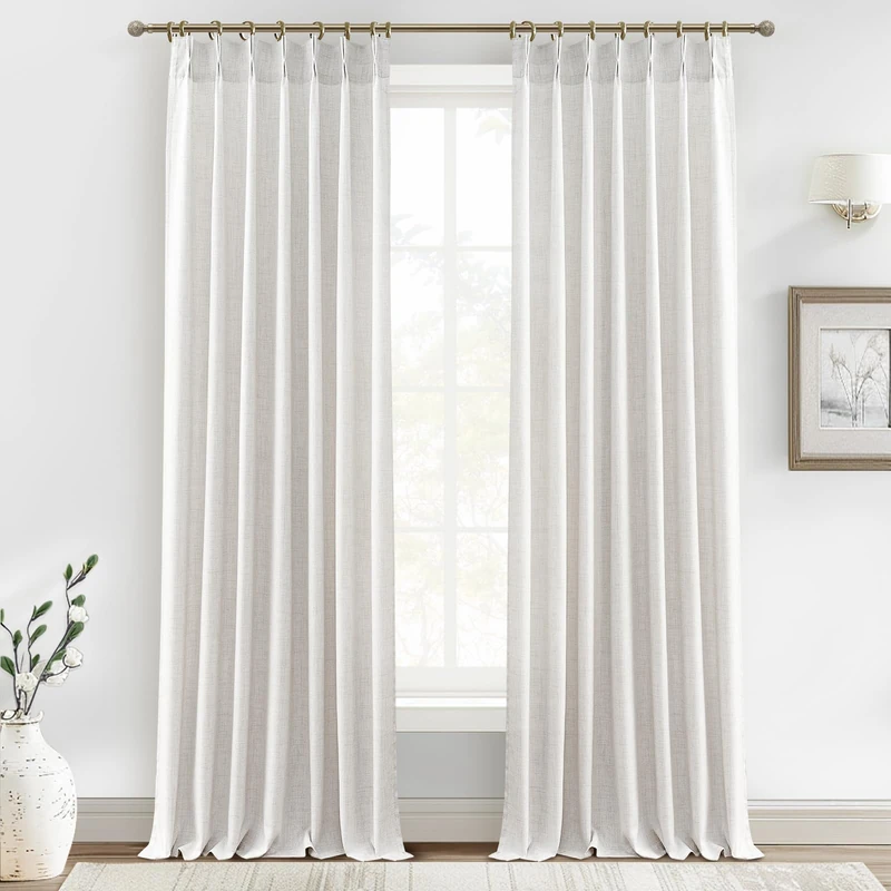 Linen Sheer Curtains 108 Inches Long 2 Panels, Natural Beige White Floor to Ceiling Double Pinch Pleated&Back Tab Boho Light Filtering Semi 9FT for Large Window Office/Living Room/Bedroom Aesthetic