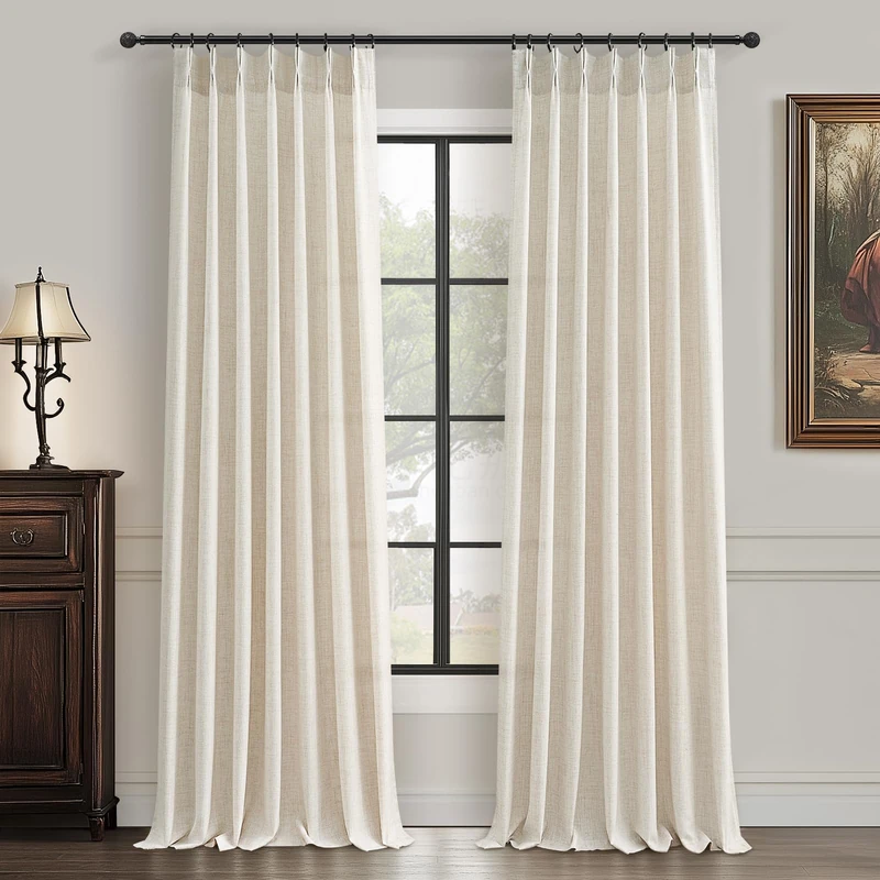 Pinch Pleated Semi Sheer 100 Inch Curtains, Pretty Neutral Cream Ivory Flax Linen Decorative Light Filtering Curtains & Drapes with Hooks Rings 2 Panels for Living Room Bedroom Birch 40"Wx100"L Inches