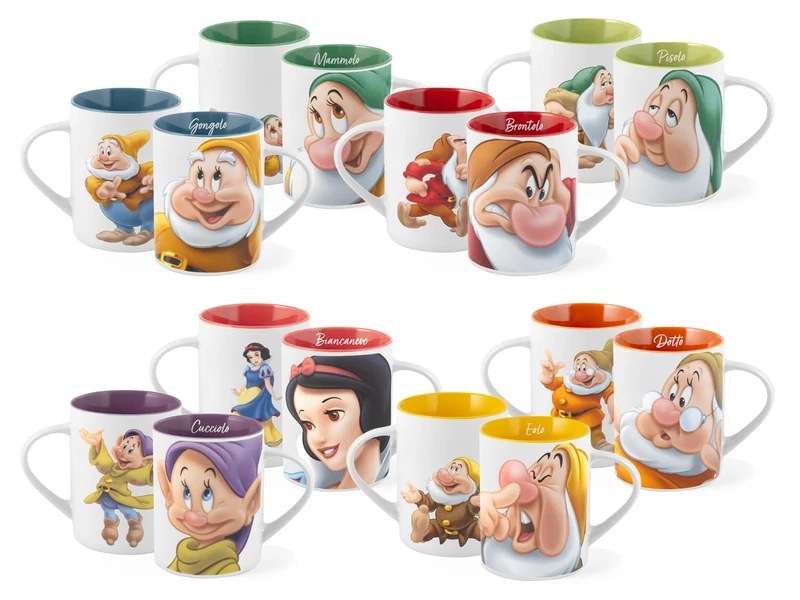 Home Disney New Bone China POP Mug Set of 12, 330cc - Snow White and The Seven Dwarfs Assorted Characters, Dishwasher and Microwave Safe
