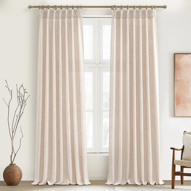 PleatedDrapes Modern Farmhouse Style Light Filtering Curtains for Living Room/bedroom, Country Rustic Oatmeal Beige Brown Curtains 108 Inches Long Flax Linen Pinch Pleated Sheer Canvas Muslin 2 Panels