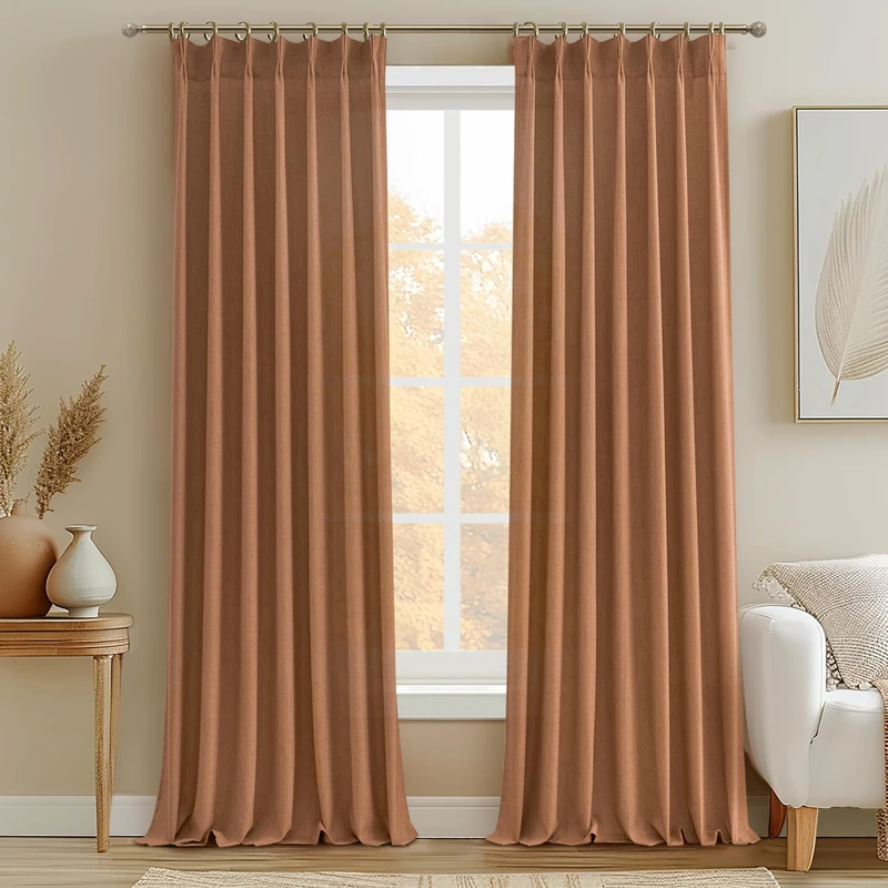 PleatedDrapes Antique Burnt Orange Fall Semi Sheer Curtains 2 Panels 108 inch Length Light Filtering Privacy Curtain Rust Linen Blend with Hooks and Rings