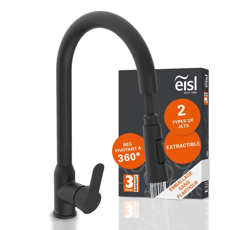 EISL Adria Kitchen Tap Black, Sink Mixer Tap Black 360° Rotatable, Kitchen Mixer Tap Black with High Spout, Kitchen Tap Black with Two Sprinkles, NI183ADRB