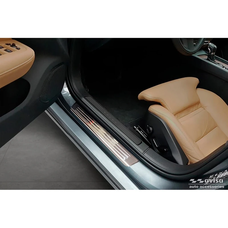 Avisa Inox door sill protectors compatible with Volvo S60 III & V60 II 2018- - 'Lines' - 4-pieces - Image 1