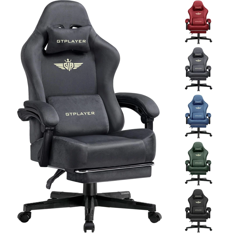 GTPLAYER Fabric Gaming Chair, Ergonomic Computer Chair with Footrest and Lumbar Support Height Adjustable Home Office with 360°-Swivel Seat and Headrest