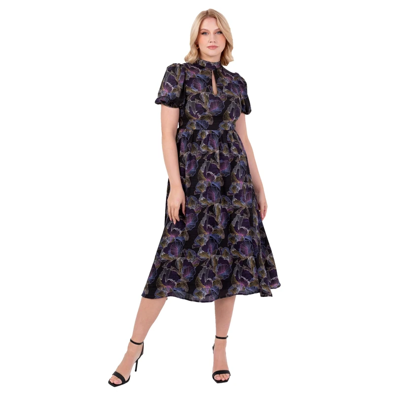 Lovedrobe Women's Midi Dress Ladies High Neck Short Puff Sleeve Keyhole Front Open Back Tie Bow Floral Print Side Split Party Multi 42, Multi-Coloured, 16