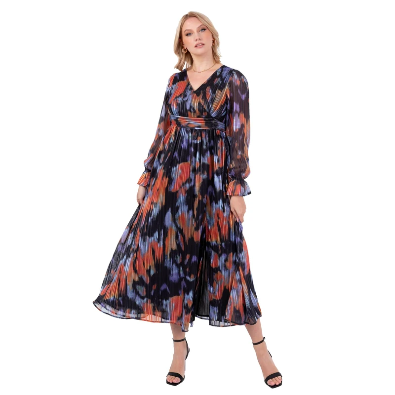 Lovedrobe Women's Midaxi Dress Ladies Ankle-Length Long Sleeve V-Neck Faux Wrap Front Tie Belt Abstract Print A-line Evening Party Multi 42, Multi-Coloured, 16