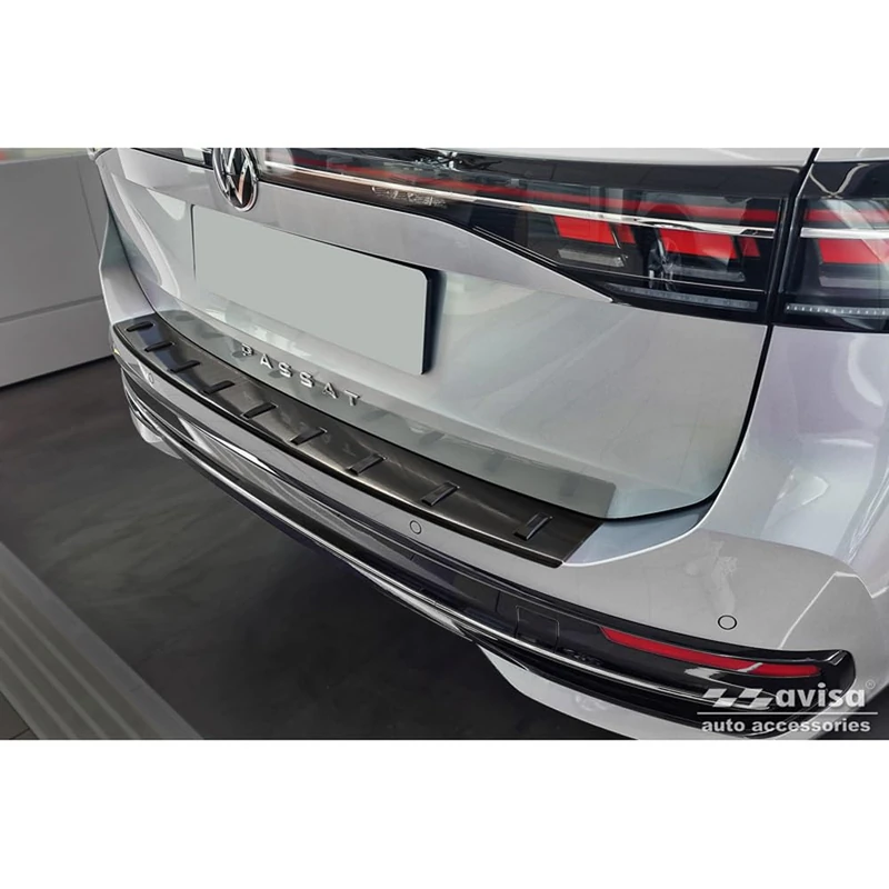 Avisa Black Stainless Steel Rear bumper protector compatible with Volkswagen Passat Variant (CJ5) incl. R-Line & Hybrid 2024- 'STRONG EDITION'