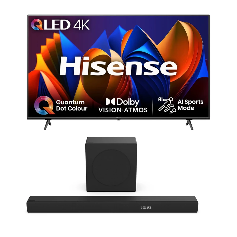 Hisense TV & Soundbar Bundle: 50E77NQTUK TV with Quantum Dot Colour, Dolby Vision Plus the HS3100 Soundbar with 480W Power, Direct Surging Sound - Perfect Match for Perfect Visual-Audio Experience