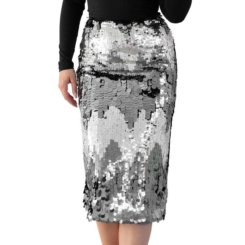 Lovedrobe Women's Midi Skirt Ladies Pencil Disc Sequin Embellished Ombre Back Split Sparkling Shiny Silver Party Evening Occasion, Charcoal Grey 42, Charcoal Grey, 14