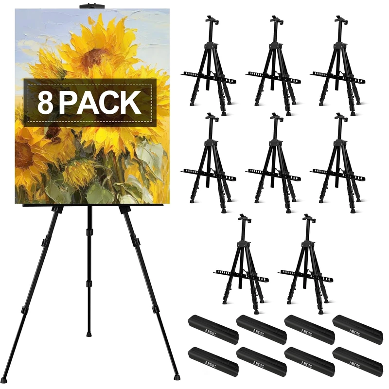 AROIC 8 Pack Art Painting Display Easel Stands,Portable Adjustable Aluminum Metal Tripod Artist Canvases Height from17 to 66 Inch Extra Sturdy forTable-Top/Floor Painting. Black with 8 Storage Bag