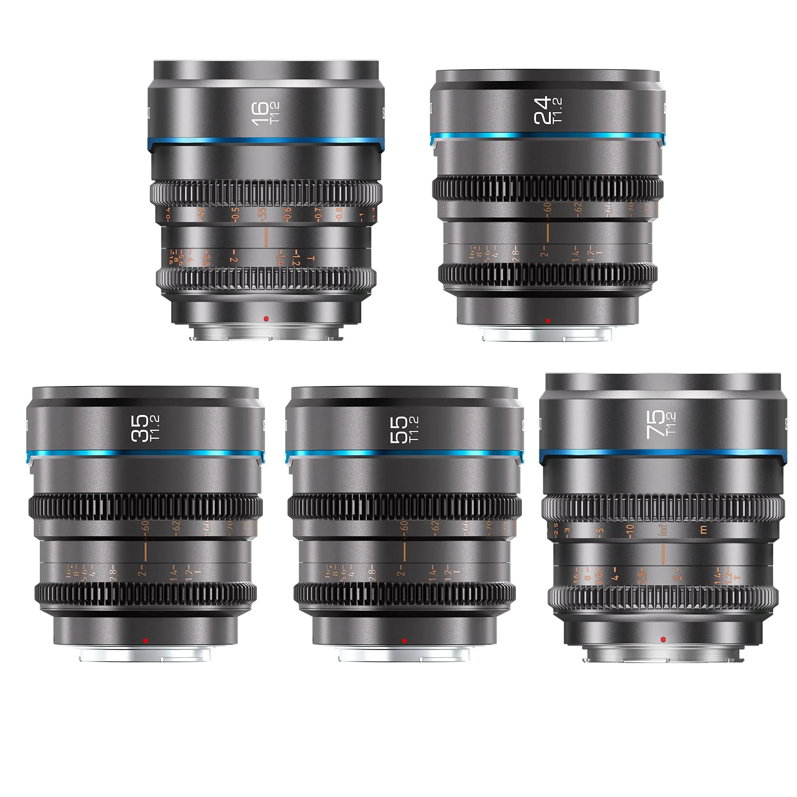 SIRUI Night Walker Manual Focus Cine Lens Set, 16mm, 24mm, 35mm, 55mm, 75mm, T1.2 Large Aperture S35 Frame Prime Lens for M4/3 Mount Cameras, For BMPCC4K, GH5II, GH5S, GH6, Z Cam (MS-5SMG, Metal Grey)