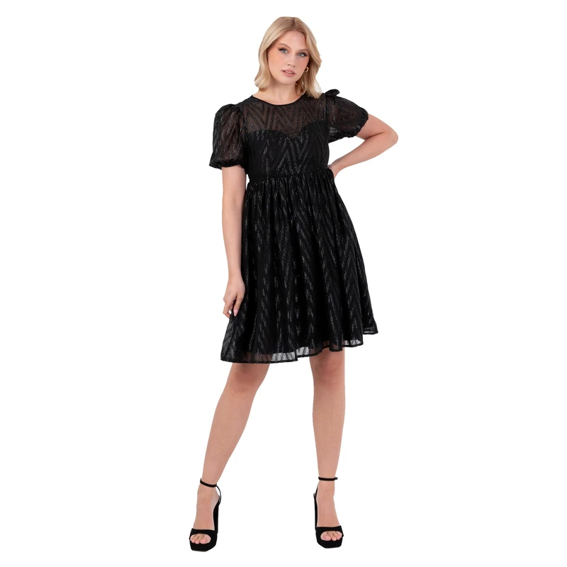 Lovedrobe Women's Mini Dress Ladies Skater Fit and Flare A-line Round Neck Short Puff Sleeve Keyhole Back Zigzag Tie Bow Party Black 48, Black, 22
