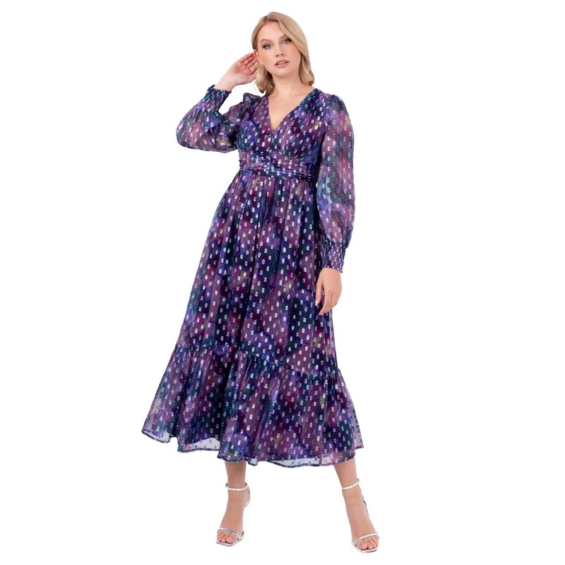 Lovedrobe Women's Midaxi Dress Ladies V-Neck Long Sleeve Tiered Hemline Empire A-line Chiffon Faux Buttons Evening Occasion, Purple 22