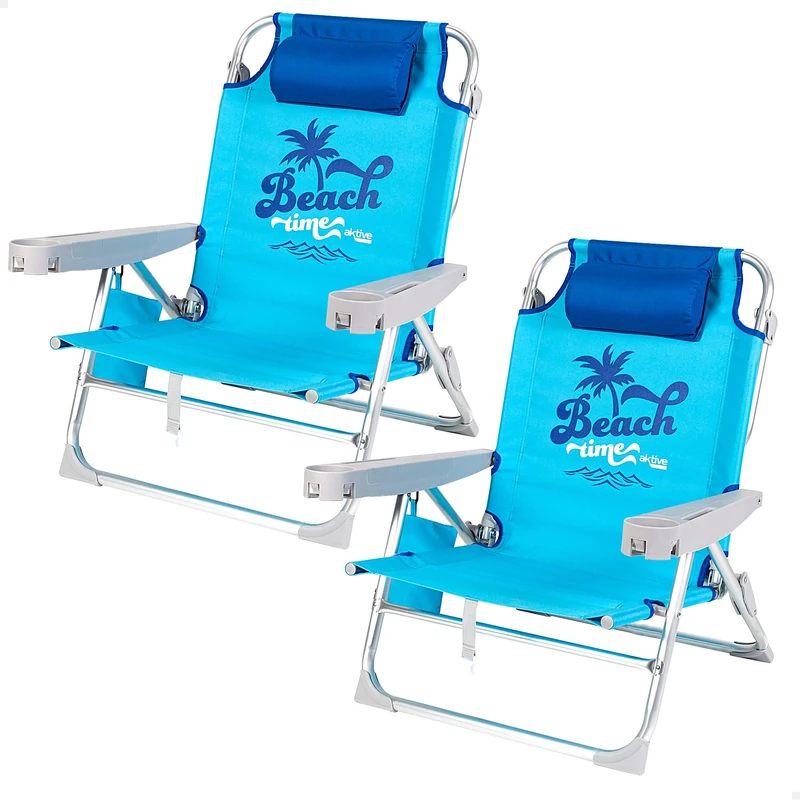 AKTIVE Pack of 2 Folding Multi-Position Chairs for Beach, Garden, Terrace or Camping, 5 Positions, 53 x 58 x 80 cm, Includes Bag, Coaster, Anti-Tipping Stops, Supports 110 kg, Carry Handles (85470)