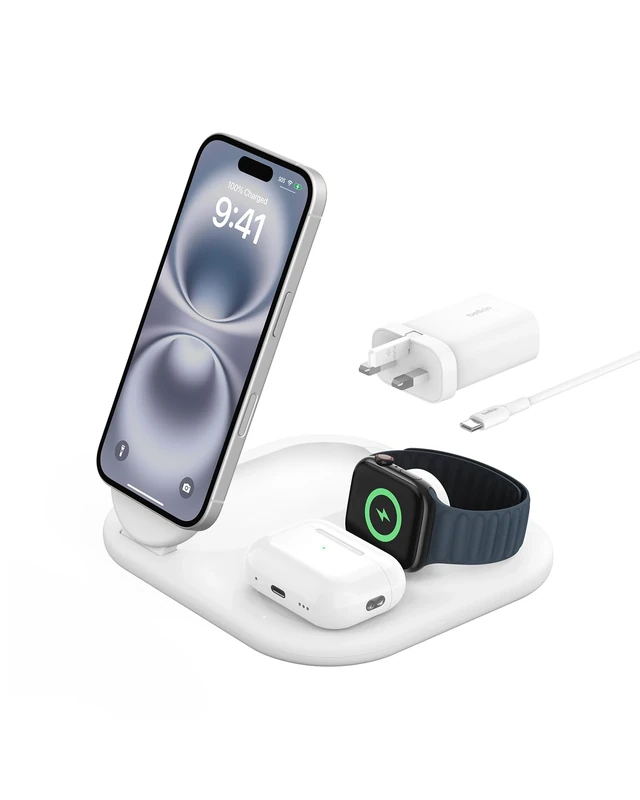 Belkin BoostCharge 3-in-1 Magnetic Foldable Charger with Qi2 15W, MagSafe Compatible Fast Charger for iPhone 17, Air, 16, Pixelsnap, Apple Watch, AirPods with Non-Slip Base, PSU Included - White