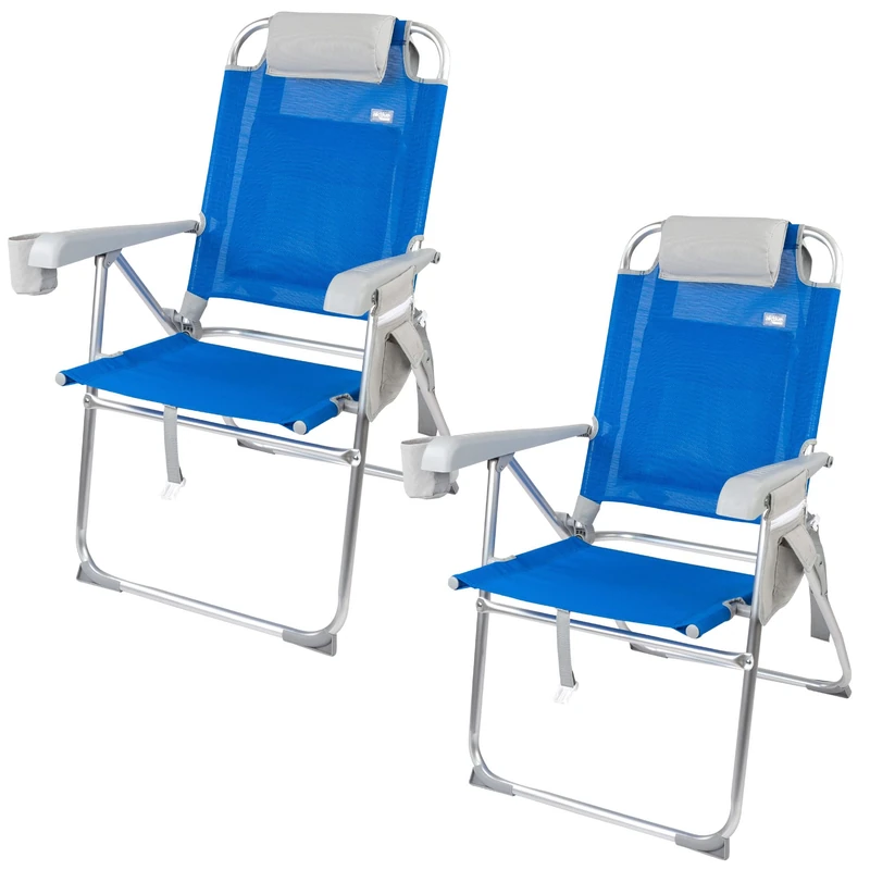 AKTIVE Pack of 2 Folding Beach Chairs, 47 x 63 x 99 cm, 8 Positions, Blue, Supports 110 kg, Includes Cushion, Coasters, Pockets, Carry Handles, Anti-roll Stops, Textilene Fabric (85482)