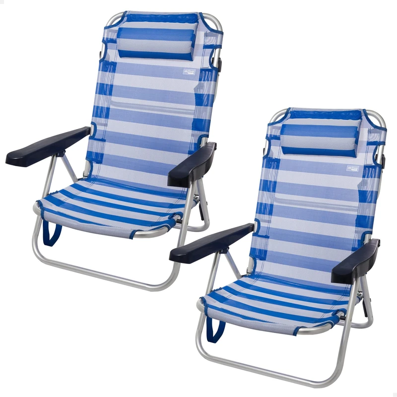 AKTIVE Pack of 2 Folding Multi-Position Chairs for Beach, Garden, Terrace or Camping, 5 Different Positions, Measures 48 x 46 x 84 cm, Height 21 cm, Reinforced with Carry Handle (85467)