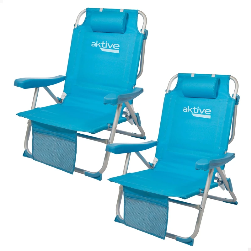 AKTIVE Pack of 2 Folding Multi-Position Chairs for Beach, Garden, Terrace or Camping, 5 Positions, 49 x 58 x 80 cm, Seat Height 27 cm, Anti-roll Stops, Supports 100 kg, with Carry Handles (85469)