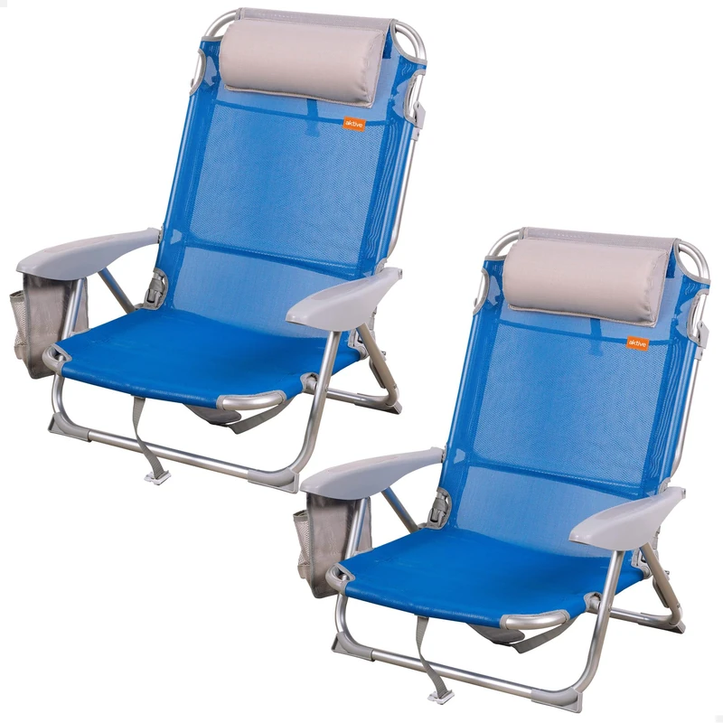 AKTIVE Pack of 2 Folding Beach Chairs, 4 Positions, Blue, 51 x 45 x 76 cm, Includes Padded Cushion, Side Pocket, Handles, Maximum 110 kg, Anti-roll Stops, Multi-position, Reclining Backrest (85480) - Image 1