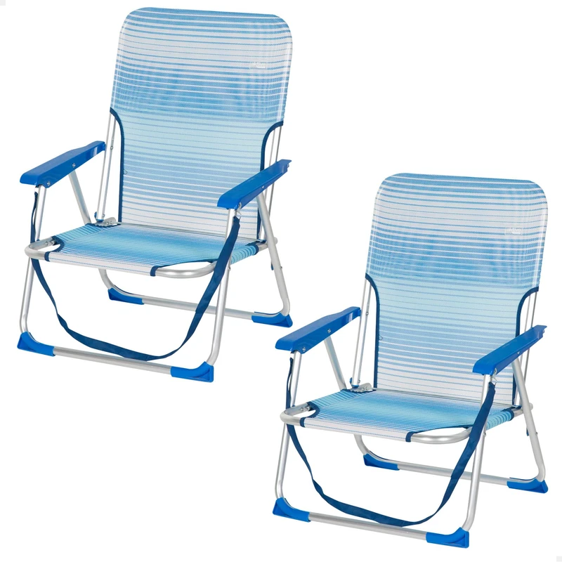 AKTIVE Pack of 2 Folding Beach Chairs, 44 x 35 x 72 cm, Blue Stripes, Seat Height 23 cm, Aluminium Structure, Textilene Fabric, Anti-tip Stops, Shoulder Handle, Supports 110 kg, Garden and Camping
