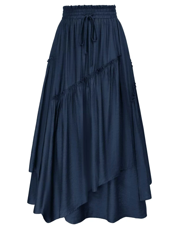 Women Plaid Skirt High Waist A Line Tiered Long Skirt with Pockets, Navy Blue, M