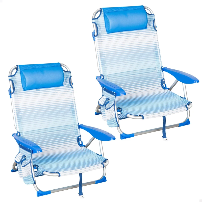 AKTIVE Pack of 2 Folding Beach Chairs, 4 Positions, Blue Stripes, 51 x 45 x 76 cm, Includes Padded Cushion, Side Pocket, Handles, Maximum 110 kg, Anti-roll Stops, Multi-Position, Reclining Backrest