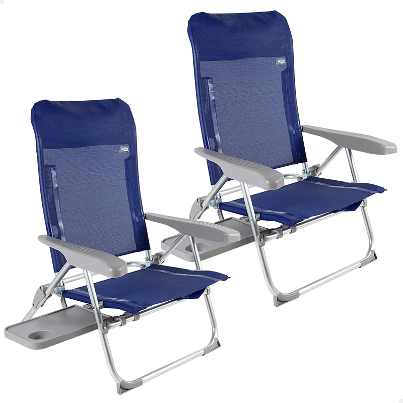 AKTIVE Pack of 2 Beach Chairs Folded Flat, Very Compact, Multi-Position, 6 Positions, with Cushion and Table, Handles for Easy Transport, Measures 47 x 57 x 89 cm, Aluminium and Textilene, Anti-roll