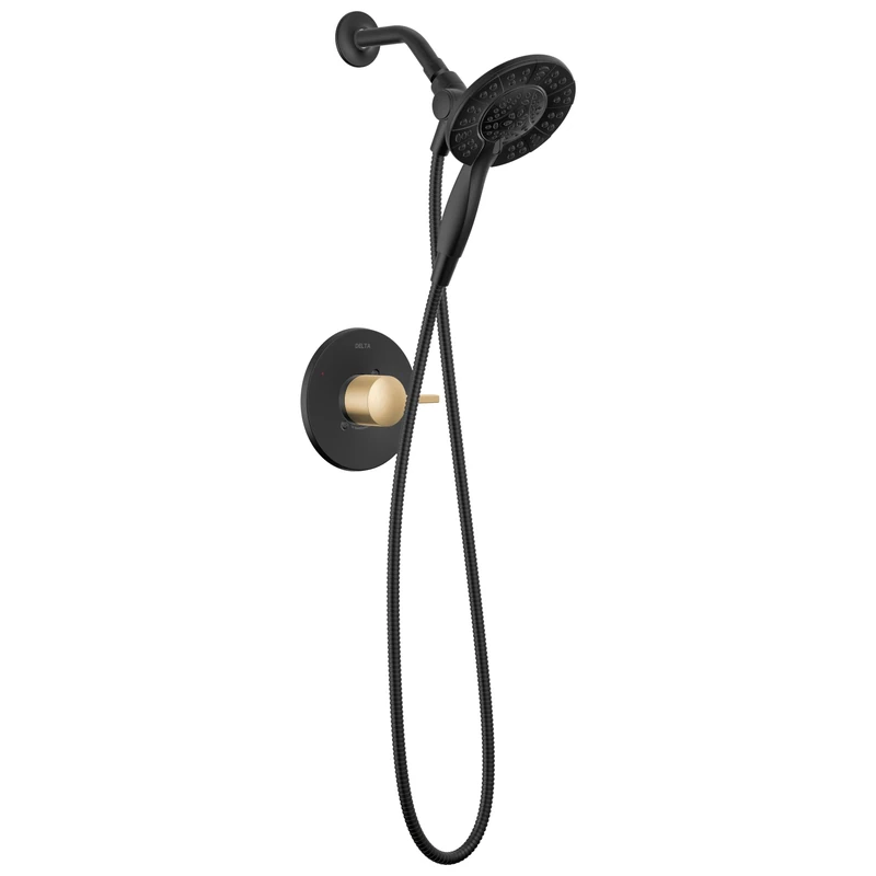 Delta Faucet Albion 14 Series Single-Handle Shower Faucet, Black/Gold Shower Trim Kit with In2ition 2-in-1 Dual Hand Held Shower Head, Matte Black/Champagne Bronze T142855-GZ-I (Valve Not Included)