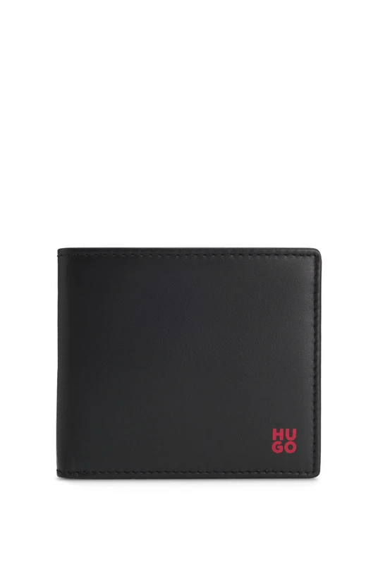 HUGO Mens Tibby N Leather Wallet with red Stacked Logo and Coin Pocket