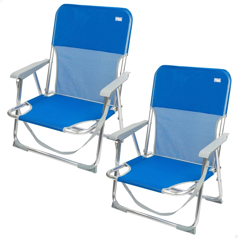 AKTIVE Pack of 2 Folding Beach Chairs, Blue, Textilene and Aluminium, Fixed Backrest, 44 x 40 x 72 cm, with Shoulder Handle and Anti-Roll Stoppers, Maximum 100 kg, Light and Resistant, Low Seat (85478