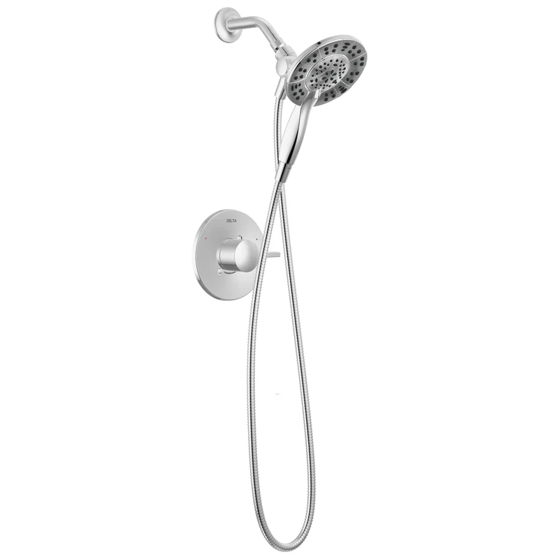 Delta Faucet Albion 14 Series Single-Handle Shower Faucet, Chrome Shower Trim Kit with 4-Setting In2ition 2-in-1 Dual Hand Held Shower Head with Hose, Chrome T142855-I (Valve Not Included)
