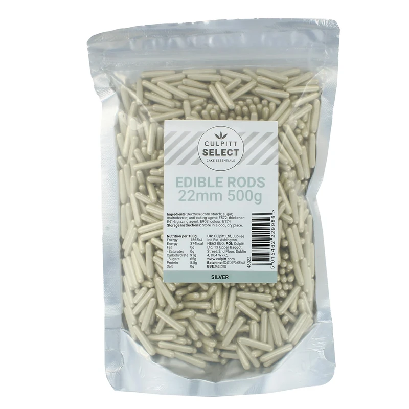 Culpitt Select Sprinkles | Silver Sugar Rods, Cake Sprinkle Decorations For Cakes, Cupcakes, Cookies, Ice Cream, and Desserts | 22mm | 500g