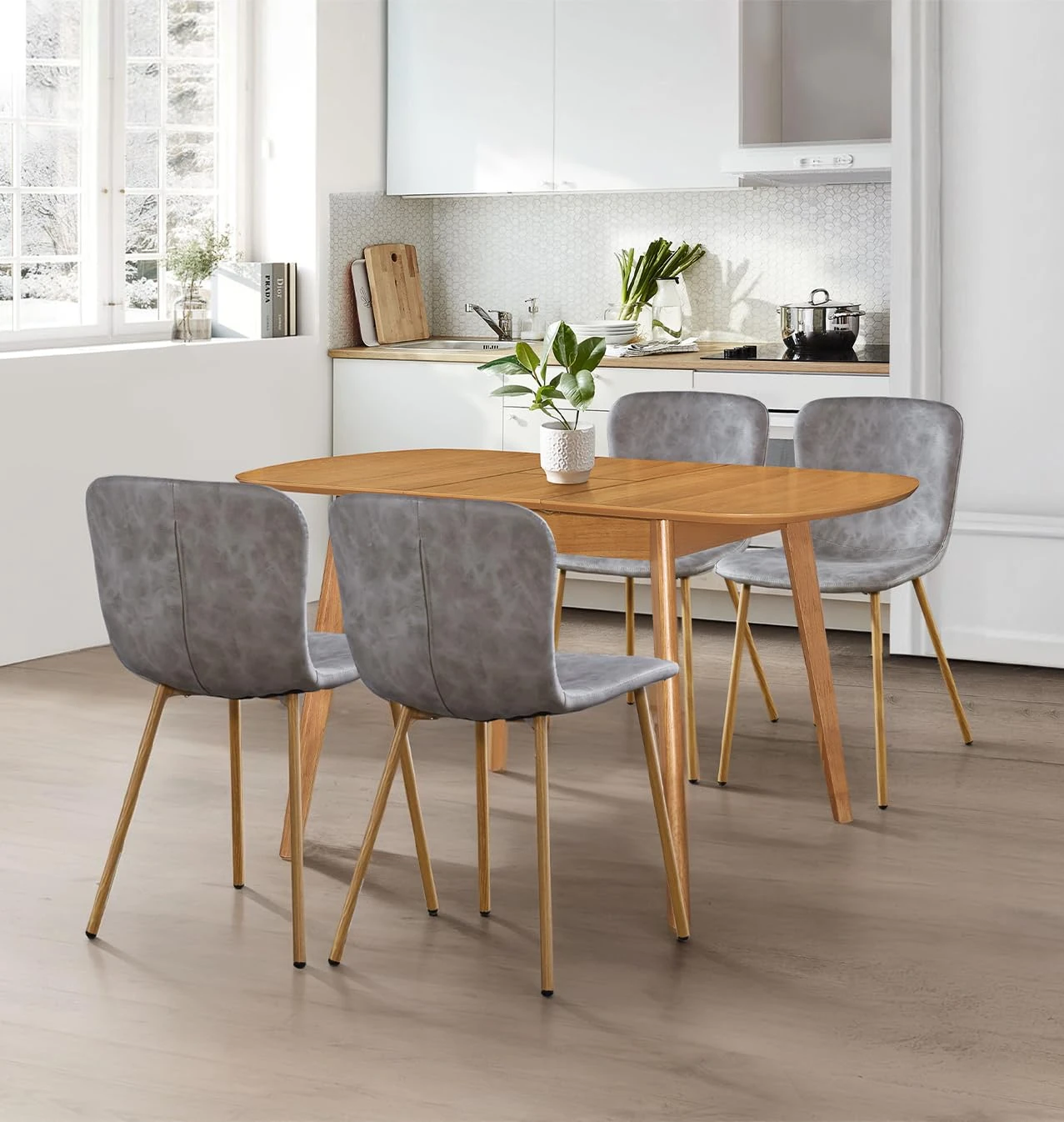 Hallowood Furniture Aston Extendable Table and Chairs Set 4, Dining Room Set with Oval Butterfly Table & 4 Taupe Faux Leather Chairs in Wooden Legs for Home and Cafe Use