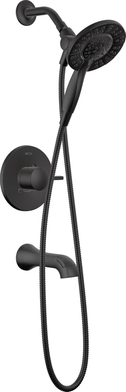 Delta Faucet Albion 14 Series Single Handle Bath and Shower Faucet Set, Black Shower Trim Kit with In2ition 2-in-1 4-Setting Dual Hand Shower Head, Black