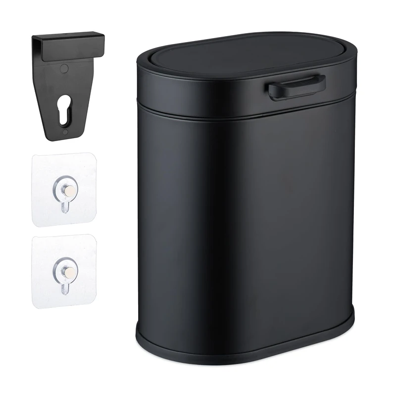 Relaxdays Hanging Kitchen Waste Bin, Vol. 5 L, Rubbish Container with Lid, Plastic, Dustbin, 29.5 x 24 x 19.5 cm, Black, Iron, 30.5 x 16 x 12.5 cm