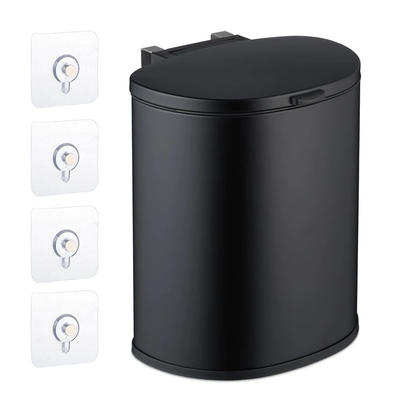 Relaxdays Hanging Kitchen Waste Bin, Vol. 9 L, Rubbish Container with Lid, Plastic, Dustbin, HWD: 32 x 28 x 15 cm, Black