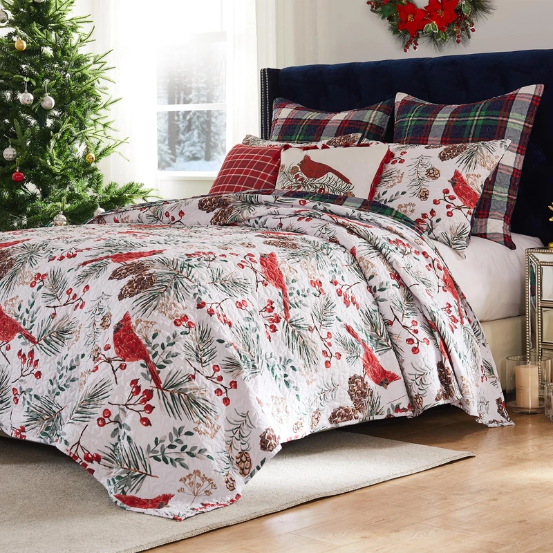 Greenland Home Cardinal Plaid Winter Wonderland Reversible Quilt Set, 3-Piece King/Cal King