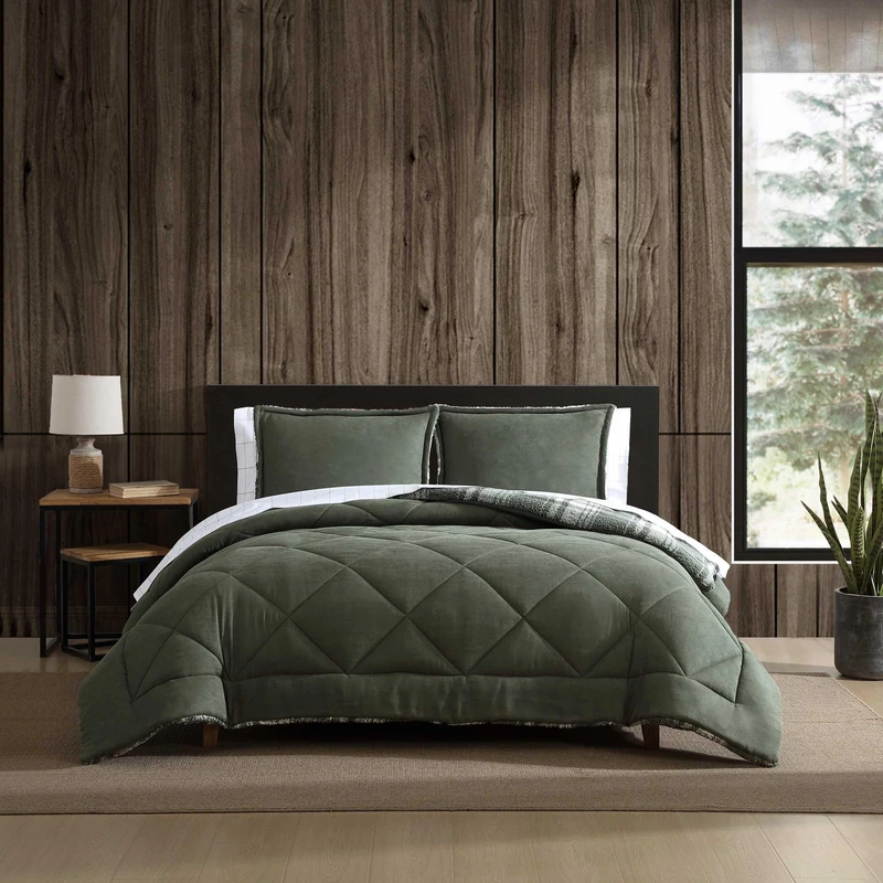 Eddie Bauer Reversible Microsuede Bedding with Matching Sham, Super Soft Home Décor, Oeko-Tex Certified, Big Lake Plaid Green, Full/Queen - Image 1