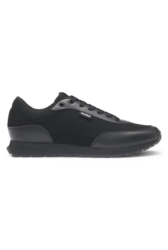 HUGO Mens Icelin Runn Knit-Effect Trainers with Faux-Leather Trims Size 12 Black