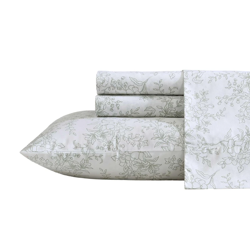 Stone Cottage - Queen Sheet Set, Premium Cotton Percale Bedding Set, Crisp & Cool Floral Home Decor (Hawley Floral Green, Queen)