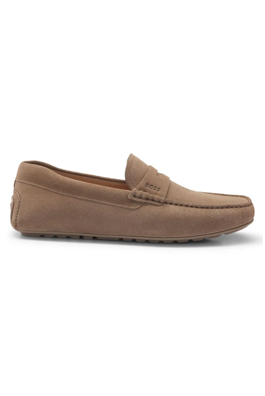 BOSS Mens Noel Mocc Suede Moccasins with Penny Trim Size 11 Beige