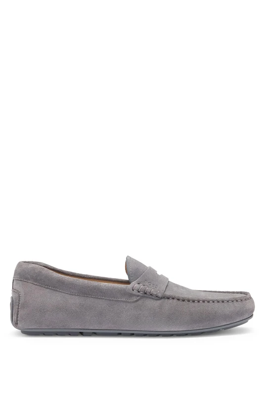 BOSS Mens Noel Mocc Suede Moccasins with Penny Trim - Grey