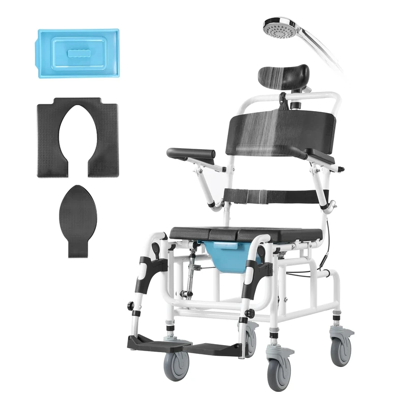 VEVOR Shower Wheelchair, 17.5in Width Aluminum Alloy Bathroom Wheelchair for Inside Shower, Adjustable Rolling Shower Chair w/Brake for Disabled Adult, 300 lbs Capacity Shower Transport Chair