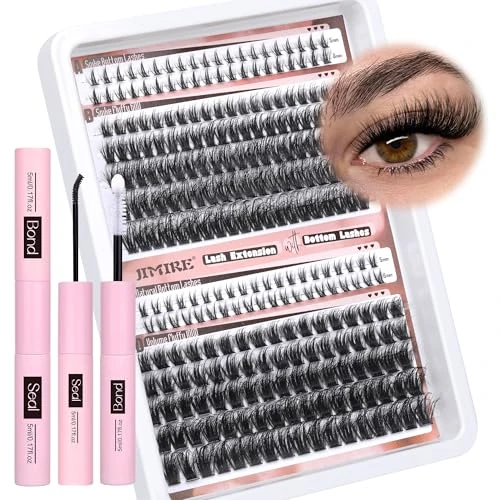 JIMIRE Fluffy Cluster Lashes Glue Bond and Seal with Bottom Lashes Cluster Lashes Kit 60D+100D Wispy Manga Lash Clusters 10-18MM DIY D Curl Lash Clusters Individual Eyelashes Kit