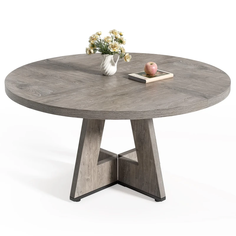 LITTLE TREE Round Dining Table for 4-6 People, 47 Inches Dining Room Table with Wooden Pedestal Base, Grey Dinner Tables, Circle Kitchen Tables for Dining Room, Kitchen, Living Room(Table Only)
