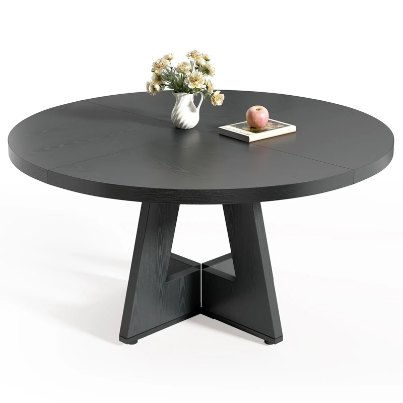 LITTLE TREE Round Dining Table for 4-6, 47 Inches with Wooden Pedestal Base, Black Dinner Table for Dining Room, Kitchen, Living Room