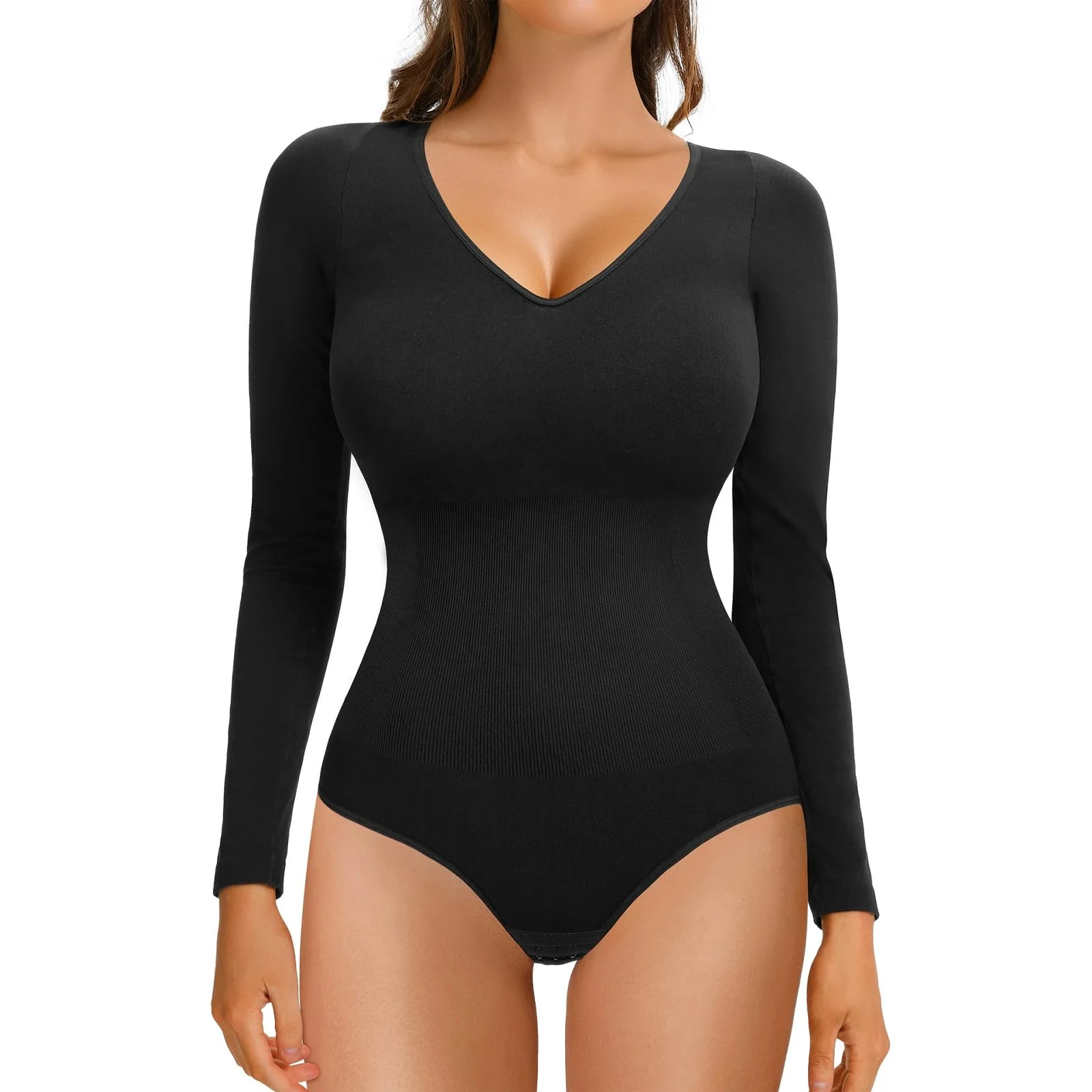 Risipu Sweetheart V Neck Long Sleeve Bodysuits for Women Sexy Going Out Tops Body Suits with Snap Closure Going Out Casual Slim Fit T-Shirts (Black, M)