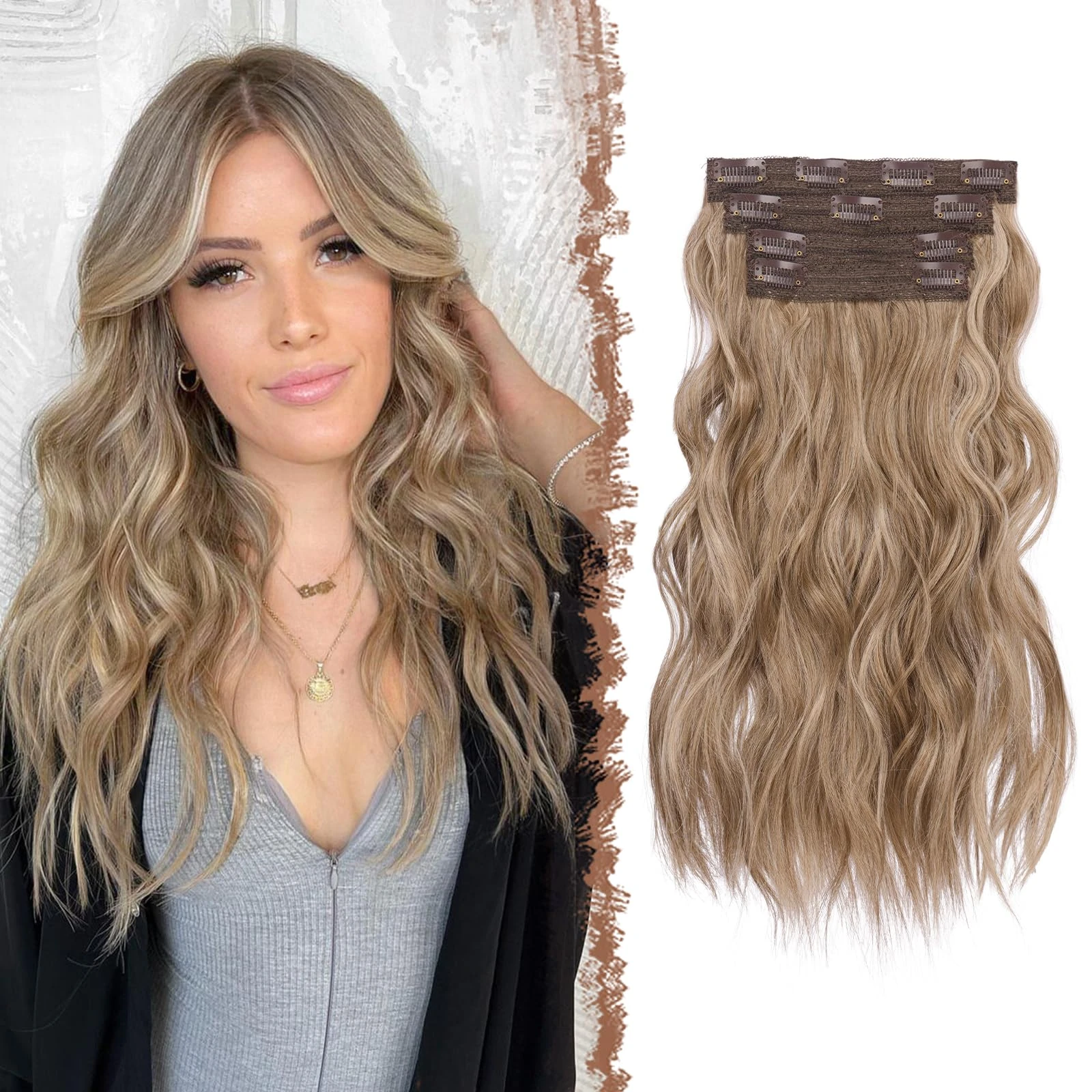 FESHFEN Clip in Hair Extensions 4PCs Long Wavy Thick Hair Piece Highlighted Full Head Synthetic Natural Curly Caramel Brown Mixed Ash Blonde Extension for Women, 16 Inch